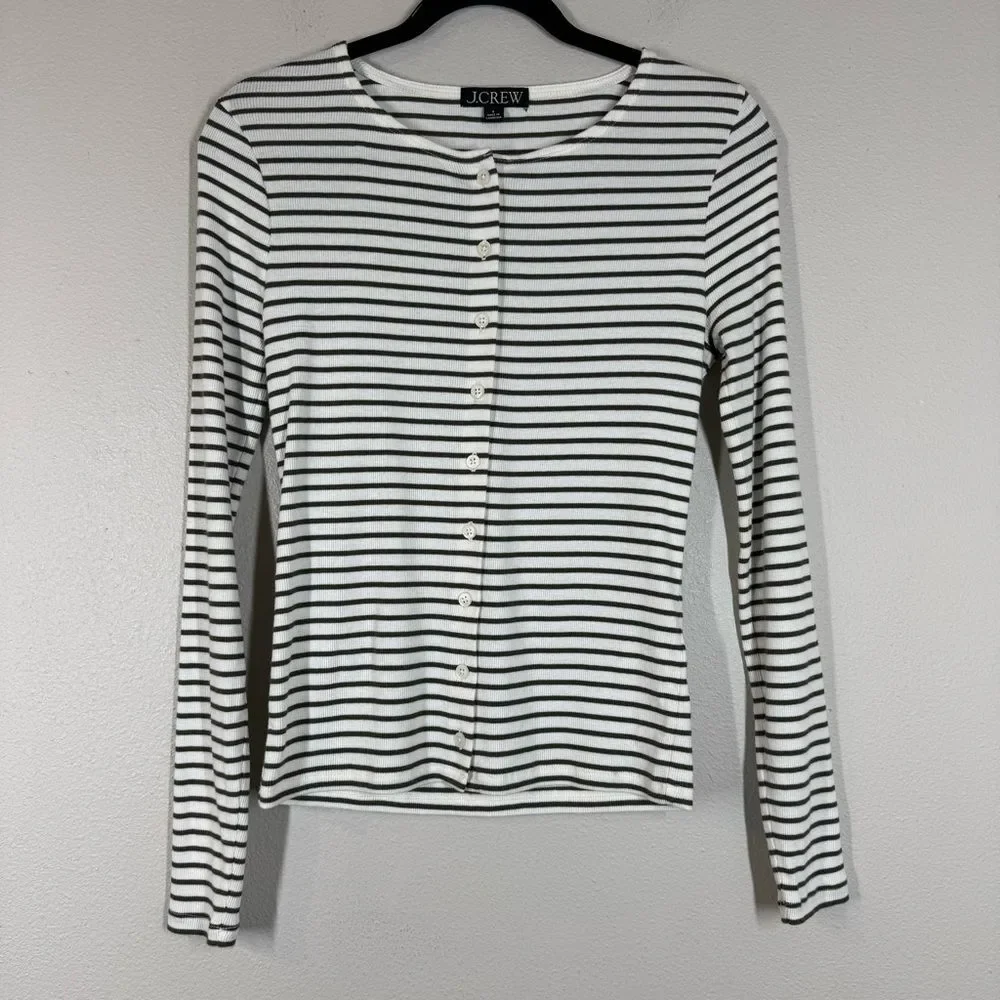 J. Crew Fine Rib Knit Cardigan Sweater Alexa Stripe Ivory Olive Button Up Small
